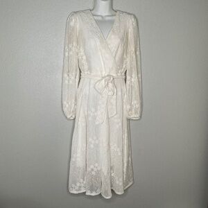 Kensie Tie Belt Floral Embroidered Long Sheer Sleeve Surplice V-Neck Dress Boho